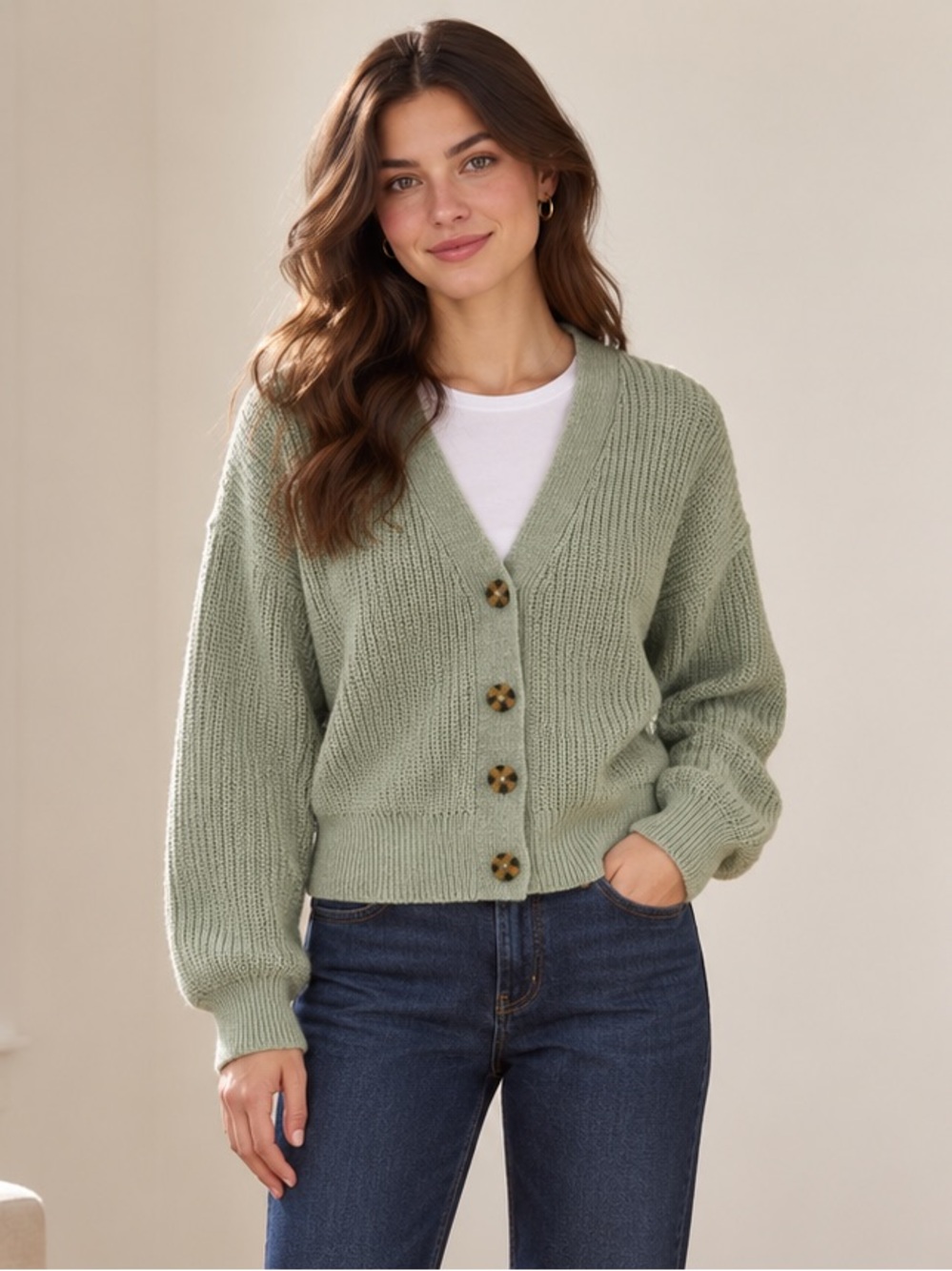 Gap Sage Green Chunky Knit Cardigan 100% Cotton Balloon Sleeves Medium